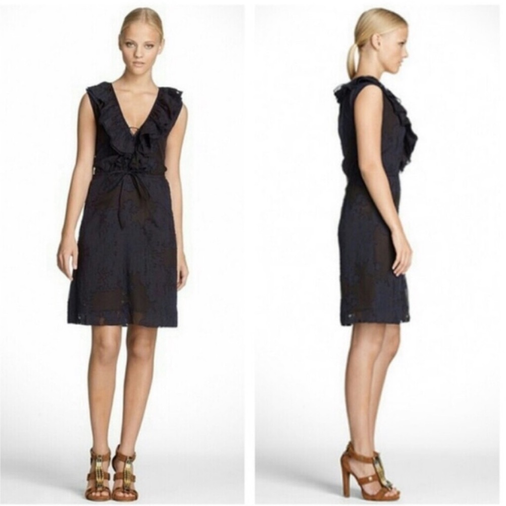 Tory Burch Lallie Silk Floral Ruffle Dress Navy Blue